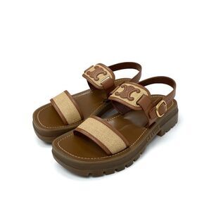 Celine K Sandals Shoes Leather Fabric Brown Beige Triomphe